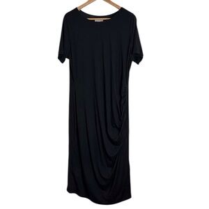 Ryllace Black Short Sleeve Asymmetrical Gathered Side Ruched Midi Dress size 2X